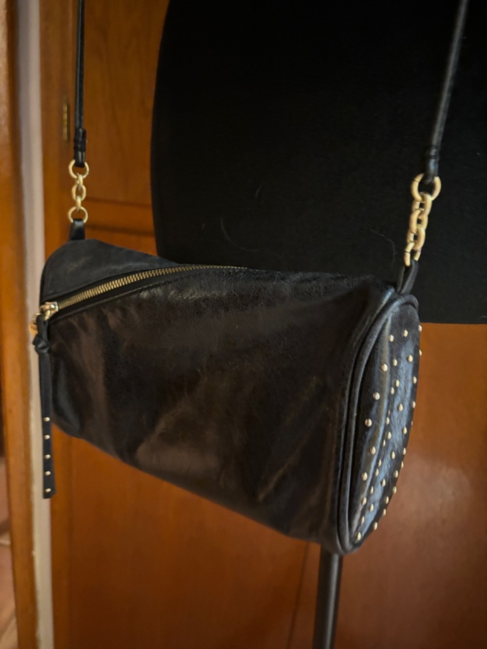 Hobo Black Leather Crossbody Bag with Gold Hardware
